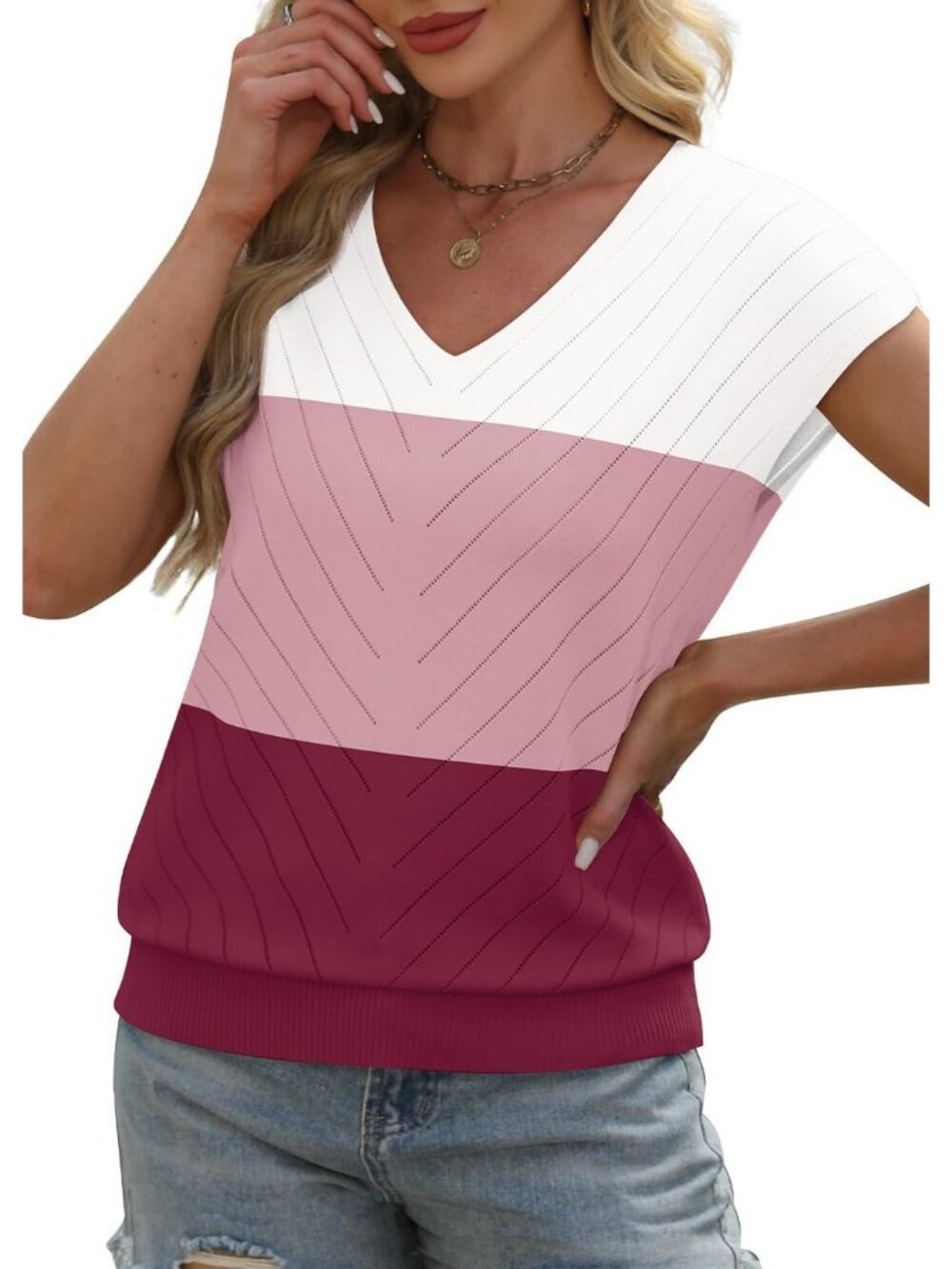 🆕Women's White Wine Sweater Pullover V-Neck Pull On Short Sleeve Trendy Tops - Picture 3 of 5